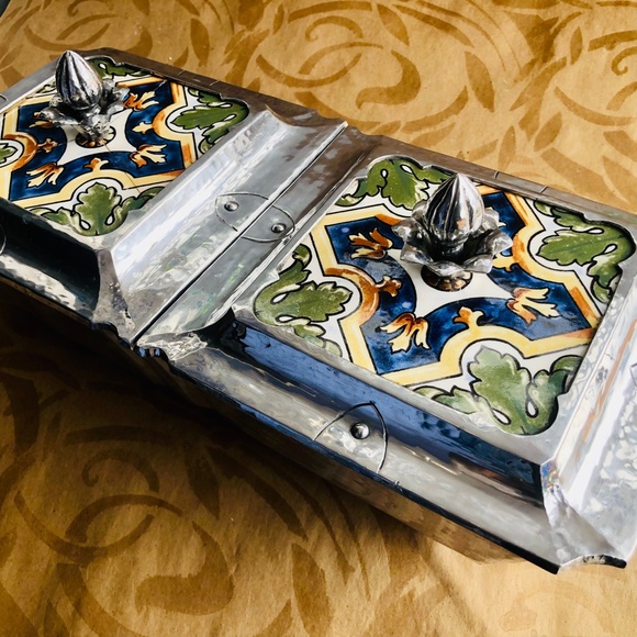 Extremely Rare Cellini Craft Handwrought Tiled Double Server